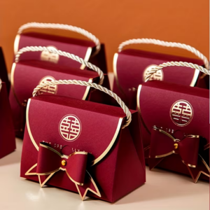 Deep Red & Golden Wedding Favor Boxes with Twine Bow