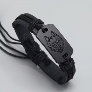 Men's Black Wolf Head Faux Leather Bracelet